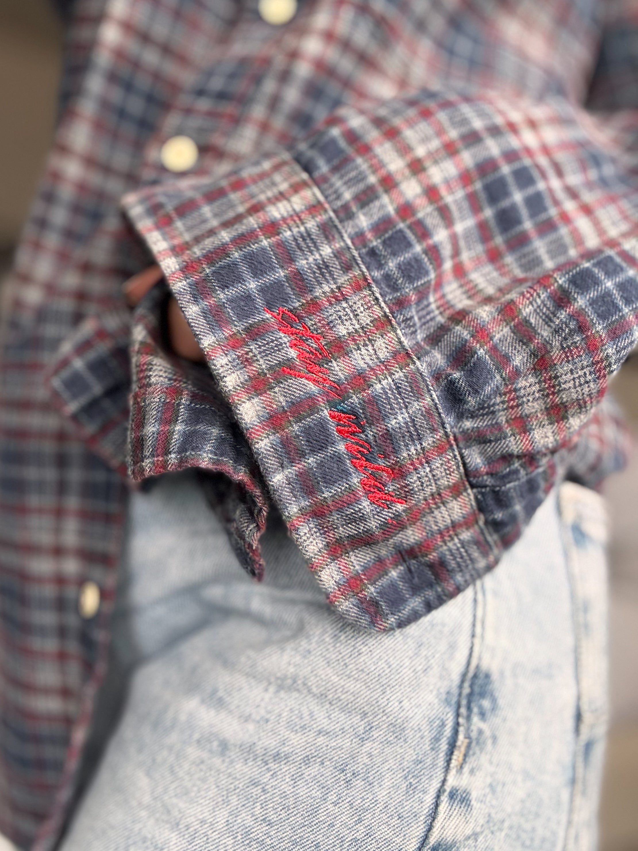 "Stay Wild" Upcycled blue stripe shirt (M)