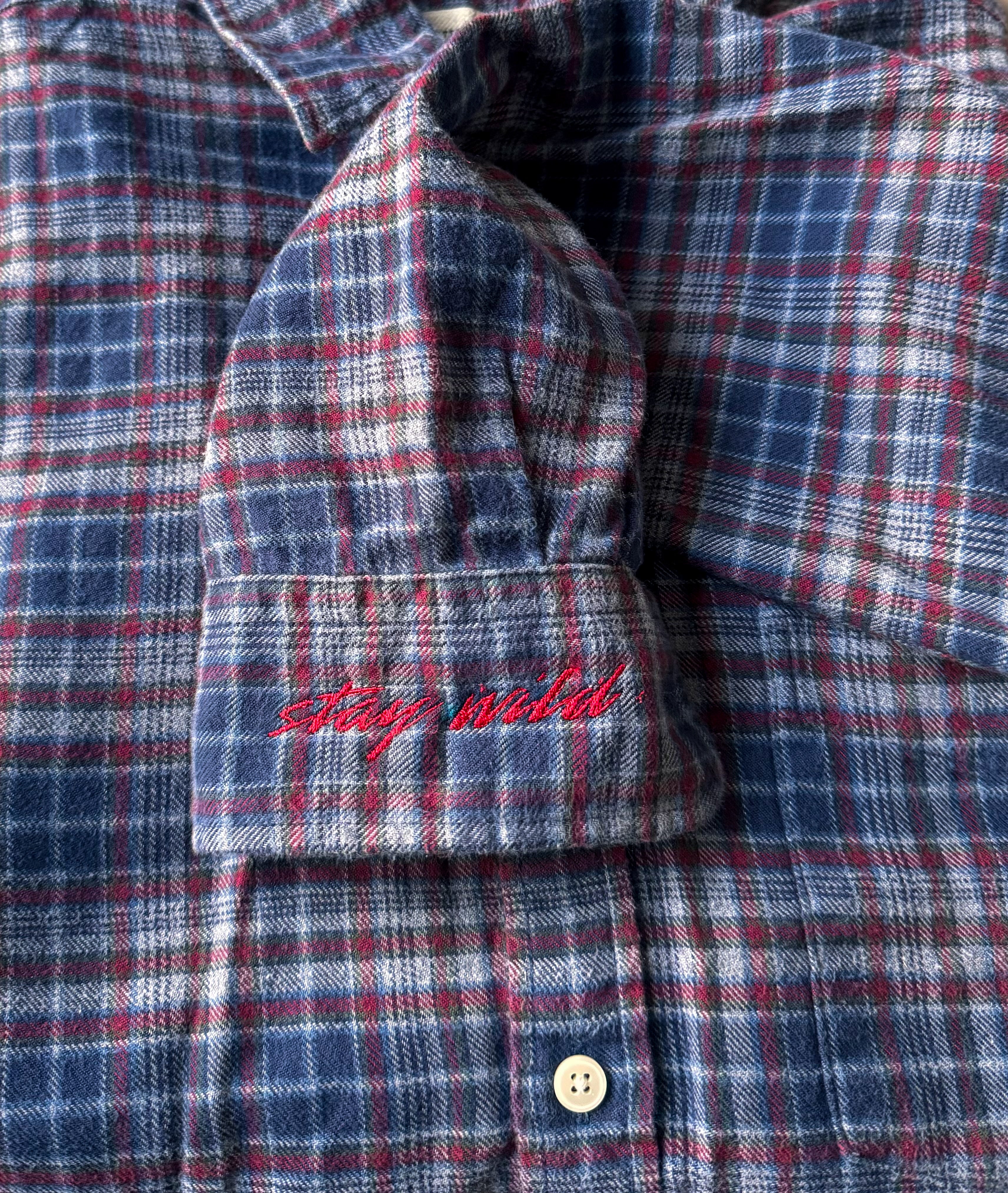 "Stay Wild" Upcycled blue stripe shirt (M)