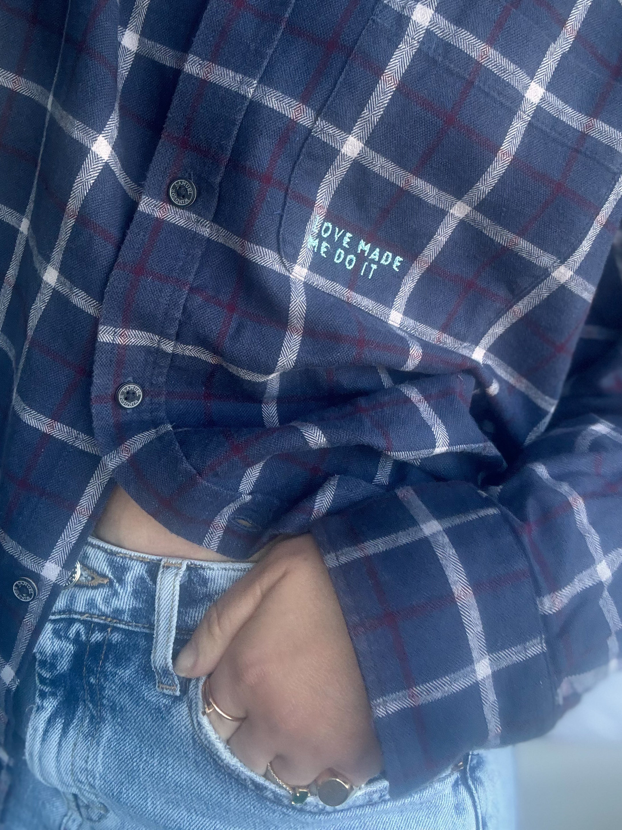 Love made me do it - blue check shirt (L)