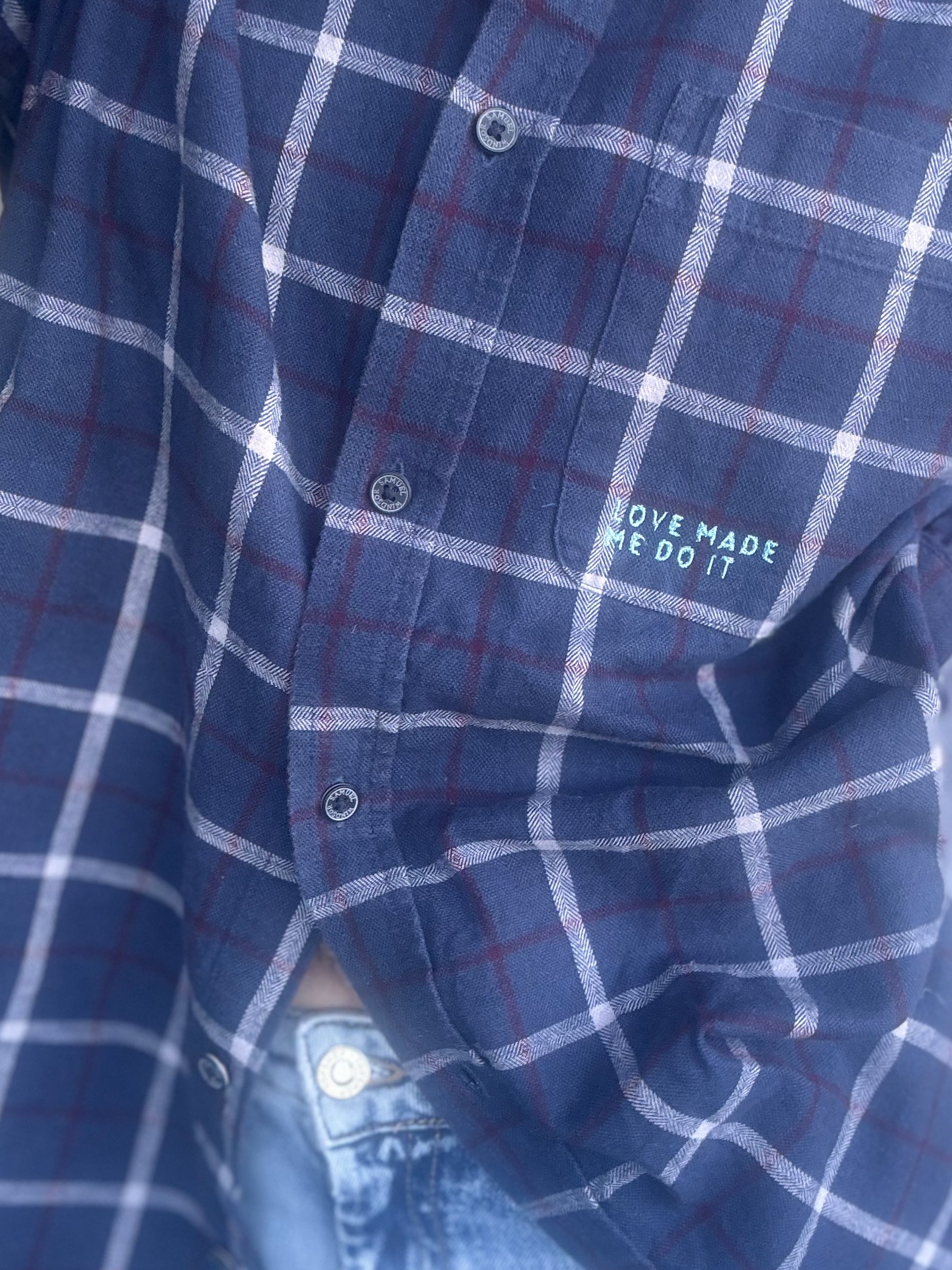 Love made me do it - blue check shirt (L)