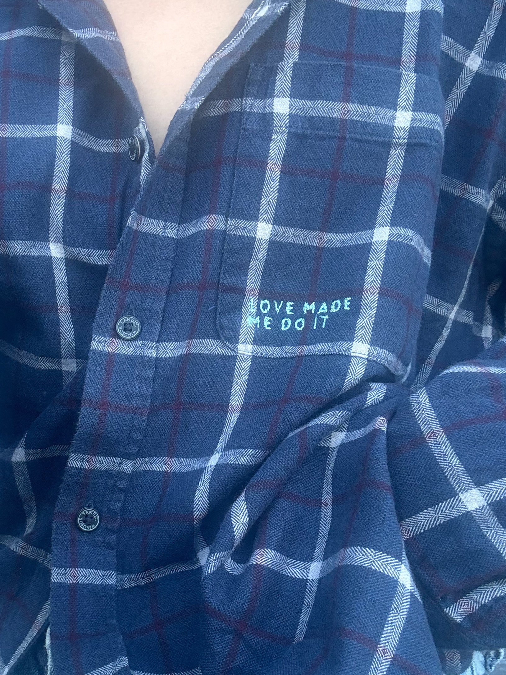 Love made me do it - blue check shirt (L)